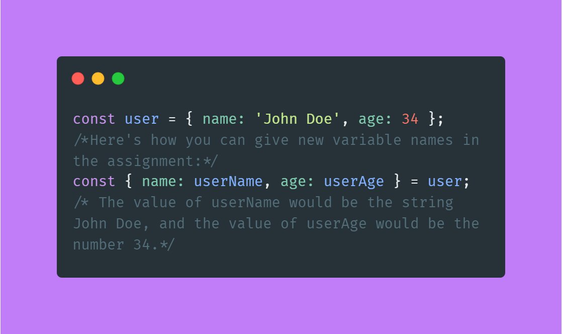 to Assign Variables from Objects:Destructuring allows you to assign a new variable name when extracting values. You can do this by putting the new name after a colon when assigning the value.