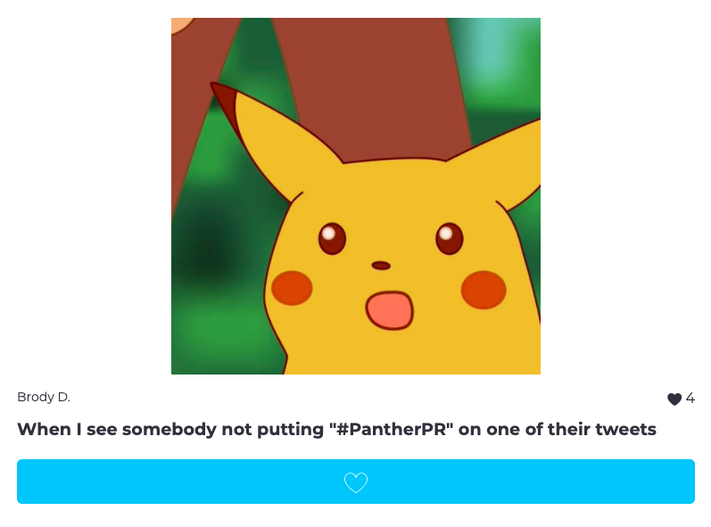 mariarodriiPR's tweet photo. Thank you to everyone that participated in my meme contest! Congratulations to both @MaggieJFulton and @DonsbachBrody for having the best voted memes!🥳  #CMN3980 #PantherPR https://t.co/2js0NiqQQq