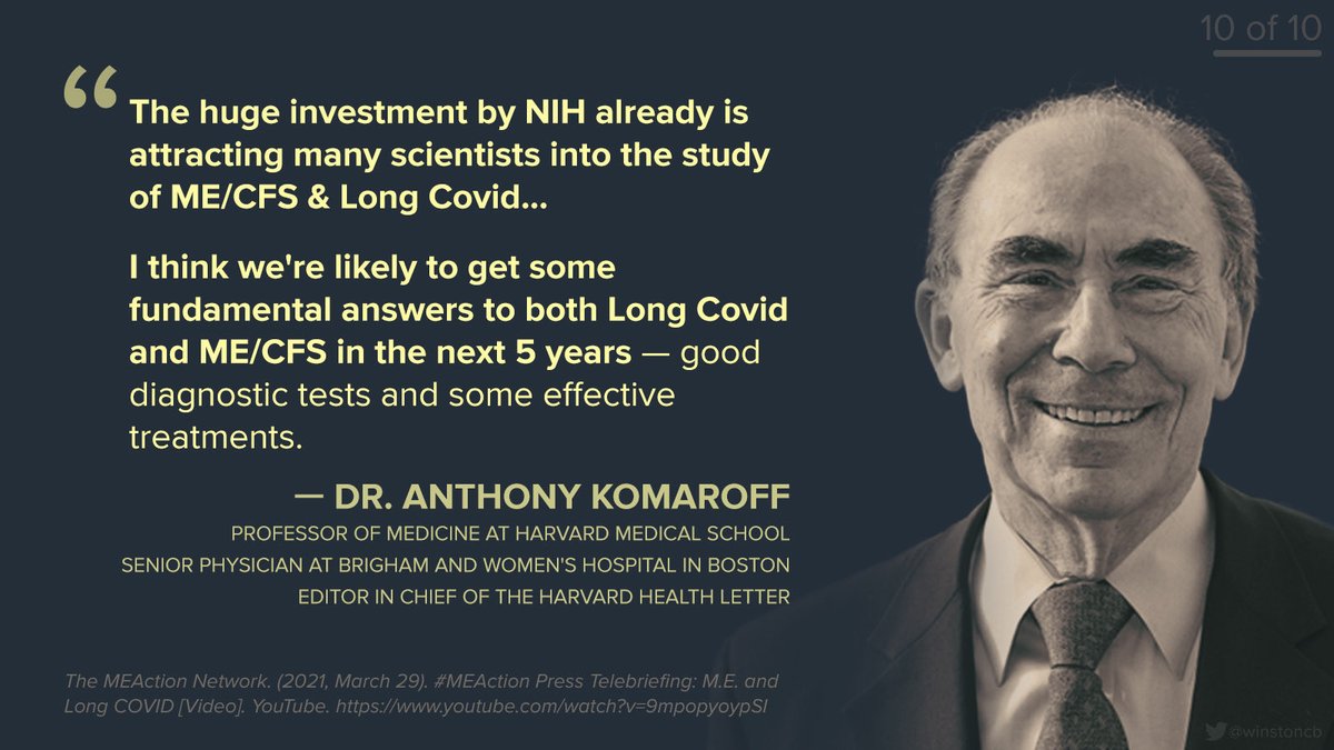 10/ Ever the optimist, Komaroff emphasizes the positive developments and the substantial interest top researchers have shown in studying ME/CFS — not dwelling on the woefully inadequate funding to-date or noting ongoing indifference at the  @NIH that continues to impede progress.