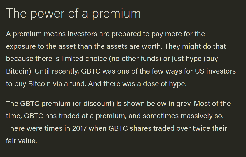 2/ Many people have been baffled about why GBTC and other Trusts by  @Grayscale have traded with a premium. After all, if you could buy Bitcoin for $15,000 on the markets, why would you pay $30k/share? Furthermore, why would you buy shares you can't even redeem for that asset?