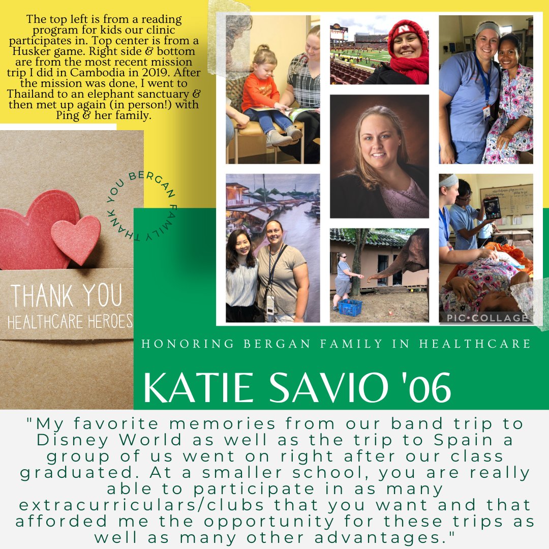 Katie Savio 💛💚 College at UNL-BS in business management. Medical school -Lake Erie College of Osteopathic Medicine in PA, earning Doctor of Osteopathy degree in '16. Now, family physician at Pipestone County Medical Center & Family Clinic in  MN. 
#healthcareweek #knightpride