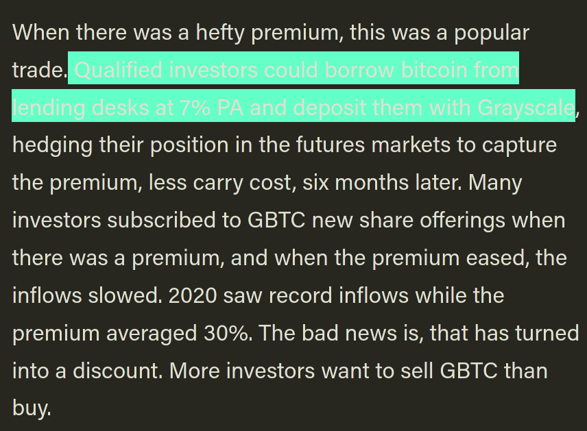 3a/ Since  @ByteTree was the only entity that told the truth about what's going on with  @Grayscale. Investors were *borrowing* Bitcoin, and depositing those bitcoins w Grayscale in exchange for shares A)  https://bytetree.com/insights/2021/03/implications-of-the-grayscale-discount/ B)  https://bytetree.com/insights/2021/03/investors-turn-to-fundamentals-as-gbtc-plunges-to-a-discount/