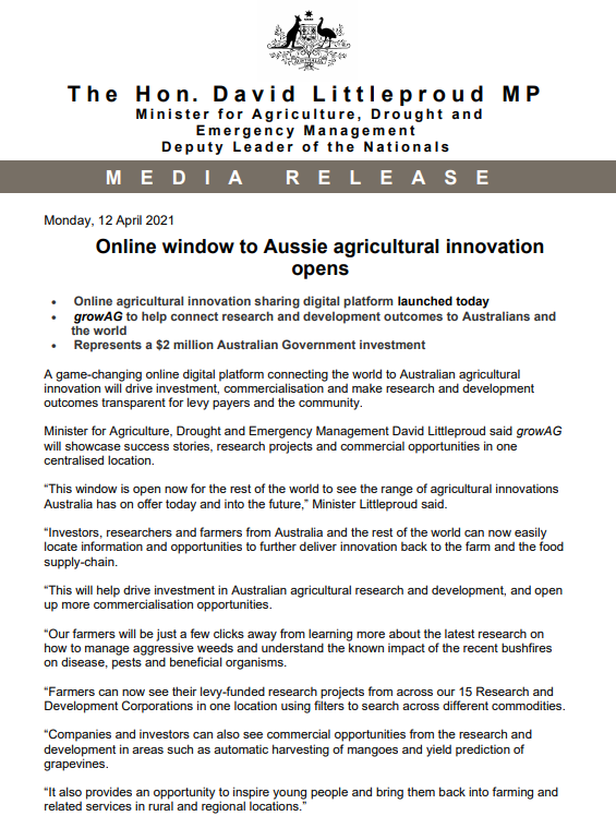 D_LittleproudMP's tweet photo. Media release: Online window to Aussie agricultural innovation opens https://t.co/24e8xEPjvE