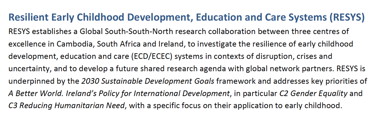 dcu_ecrc's tweet photo. Delighted to receive #NewFoundations award from @IrishResearch! How to build #ECD #ECEC systems that withstand crisis and disruption? Our project #RESYS shares knowledge between global south and north. @SeeBeyondBorder @EbrahimHasina1 @unisa @DCU_IoE @dcediy @ISSA_ECD @af_ecn https://t.co/3Avt47SwqD