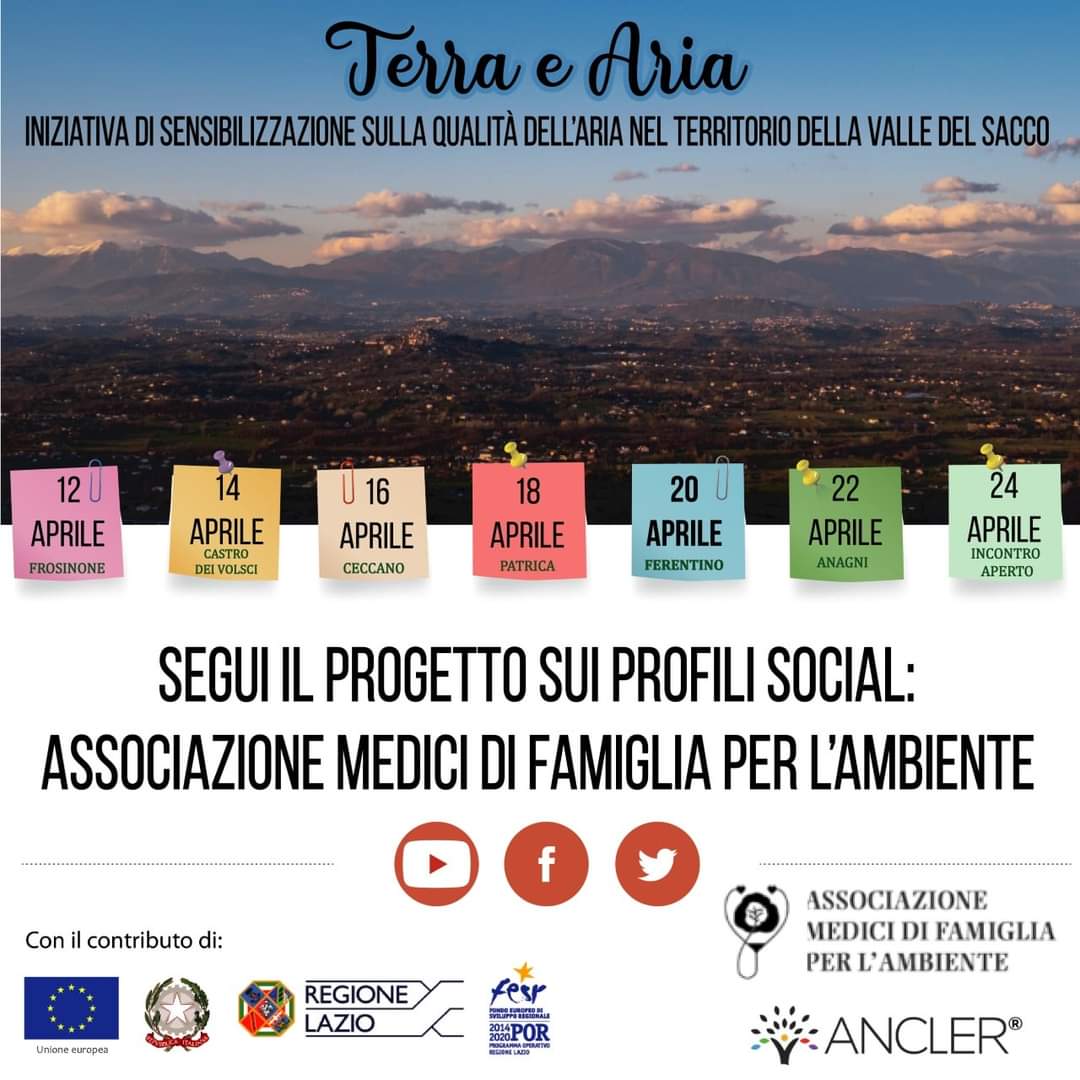 MediciAmbiente's tweet photo. L'Associazione Medici di Famiglia per l'Ambiente di Frosinone e Provincia promuove il progetto “Terra e Aria – Iniziativa di sensibilizzazione sulla qualità dell’aria nel territorio della Valle del Sacco" con un ciclo di 7 incontri online. Vi aspettiamo numerosi! ➡️ https://t.co/cMktXaunaX