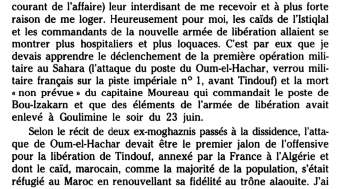 L'attaque d'Oum El Achar a été orchestré par l'Istiqlal avec l'aide et l'allégeance des tribus Reguibat. Source : Attilio Gaudio, Guerres et paix au Maroc : reportages, 1950-1990