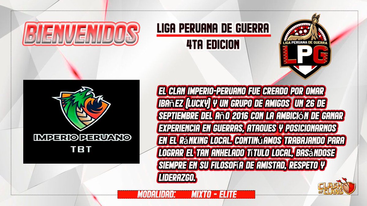 🔴PRESENTACIÓN DE CLANES🔴

Damos la bienvenida y presentación Imperio Peruano, suerte en esta 4ta edición de nuestra LPG 🔥.

#ligaperuanacoc #lpg #ClashOfClans