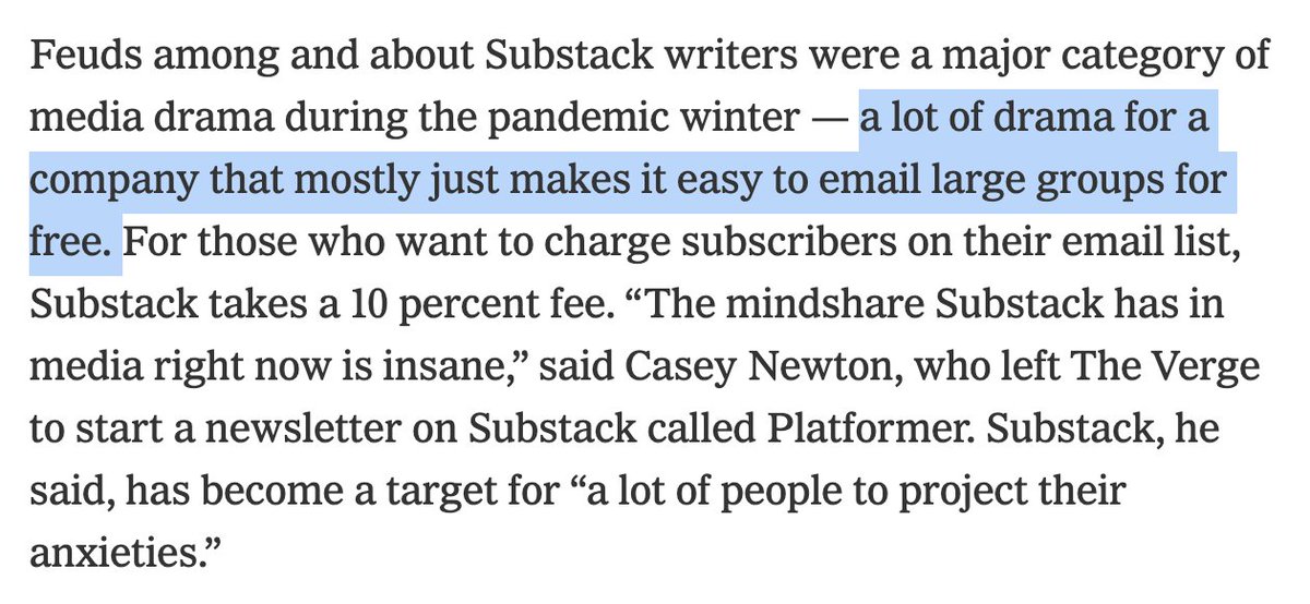 Anybody who's been fuming about substack should be embarrassed after they absorb this uncontroversial point from  @benyt. It's just an email service provider that links to a payment processor.  https://www.nytimes.com/2021/04/11/business/media/substack-newsletter-competition.html