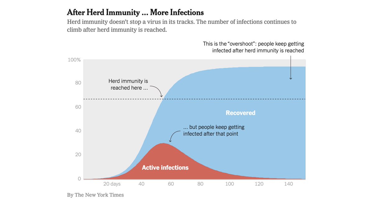 7. That's obviously wrong. Until herd immunity (HI) is reached, an awful lot of people will be infected, making the risk of infection explode. Even when HI is reached, the epidemic still has to peter out, which involves many additional infected. Chart:  @CT_Bergstrom