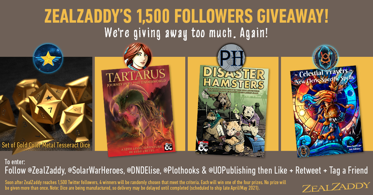  Giveaway TimeWin one of these: Gold color tesseract dice by  @SolarWarHeroes  Disaster Hamsters by  @PlotHooks  Tartarus by  @DNDElise  Any single  @UOPublishing download from DTRPGLike Follow ZZ & all the above Retweet Tag a friend #Giveaway  #DnD  #TTRPG