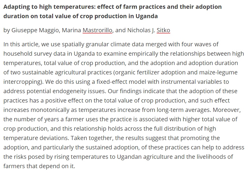 AJAE_AAEA's tweet photo. Forthcoming in the AJAE: "Adapting to high temperatures: effect of farm practices and their adoption duration on total value of crop production in Uganda," by @Pep_Maggio, Mastrorillo, and Sitko. https://t.co/ygPwr9fVcP