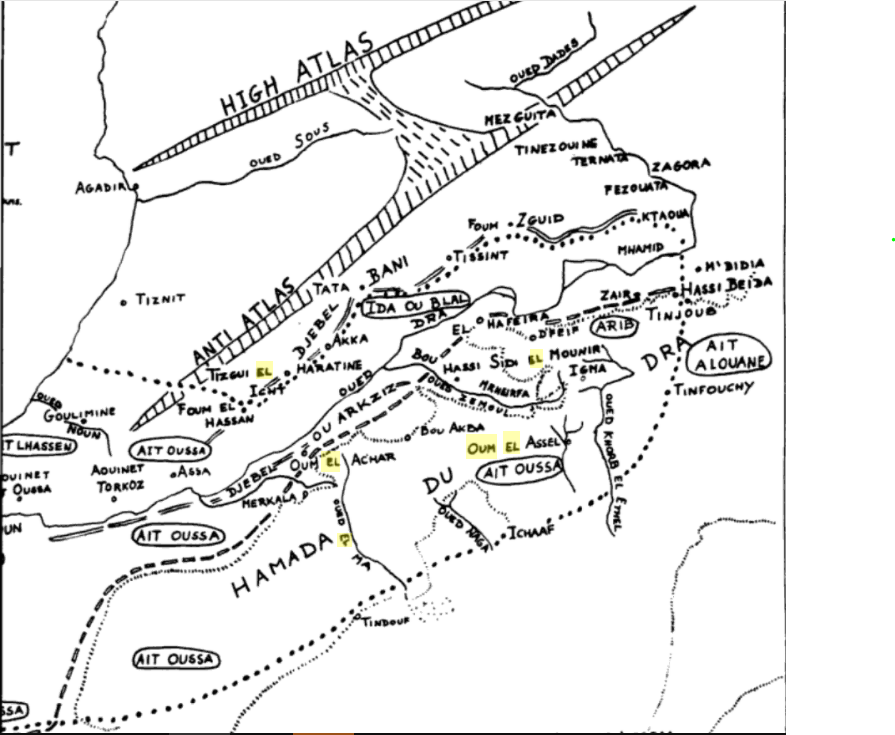 Carte des territoires sous contrôles de l'ALN marocain en 1957Source : Morocco's Saharan Frontiers, Frank E. Trout