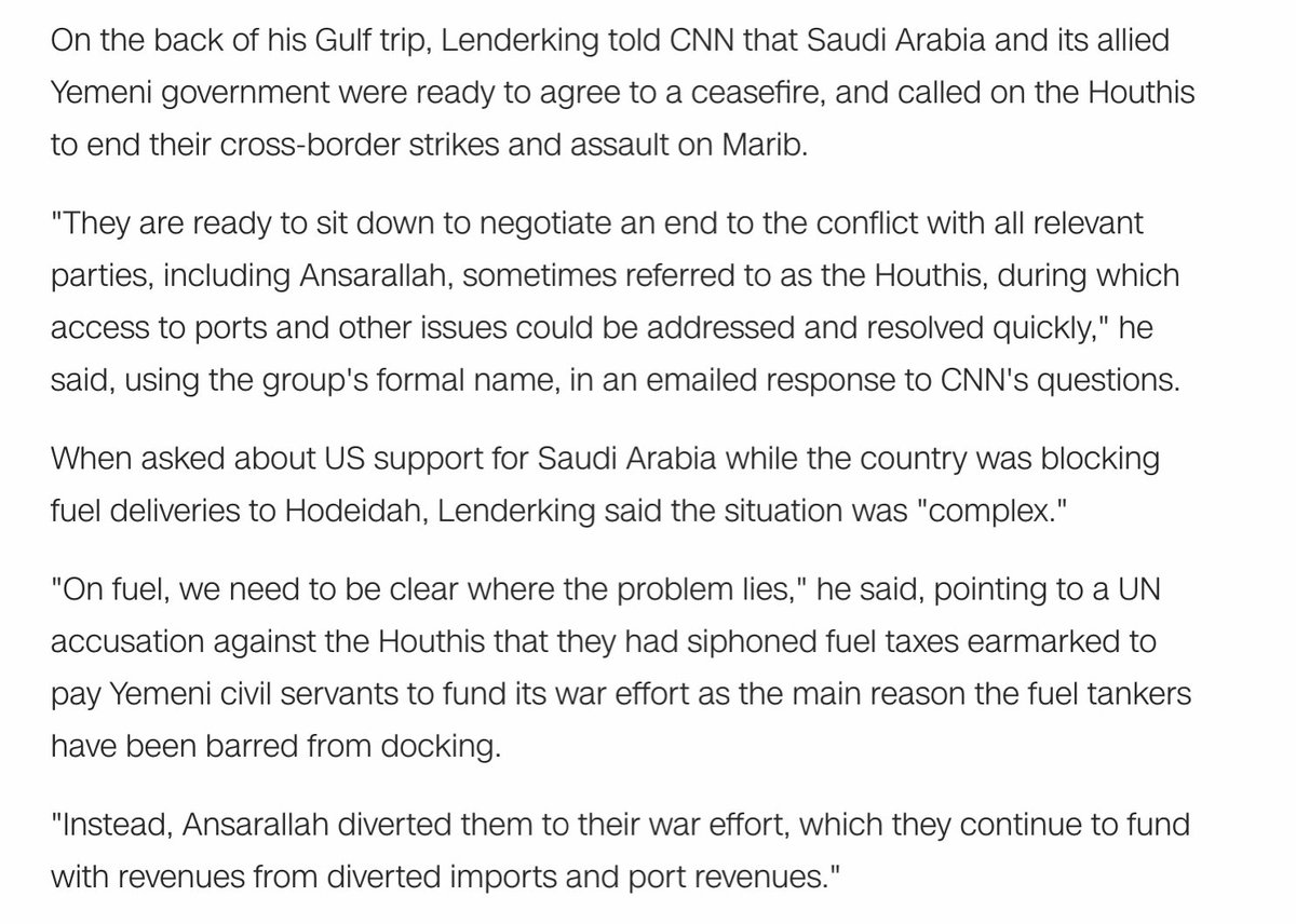 Lenderking asserted that Houthi obstruction was “the main reason” for fuel not entering Yemen and endorsed the Saudi stance that negotiations over its already-rejected ceasefire framework were the forum where the blockade could be “addressed and resolved.” (5/x)