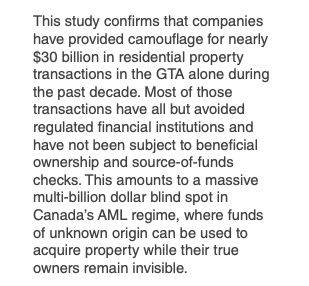 2./ Transparency International found. over the past decade, ~$35 billion in Greater Toronto property was bought with no idea who the corporate owners are due to a lack of public ownership data. $25 billion was bought using cash from unregulated lenders without AML regulation.