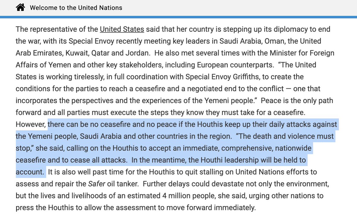 On March 16, US Ambassador to the UN Linda Thomas-Greenfield echoed Sec. Blinken’s position, ignoring the Saudi blockade and insisting “there can be no ceasefire and no peace if the Houthis keep up their daily attacks against the Yemeni people, Saudi Arabia...” (10/x)