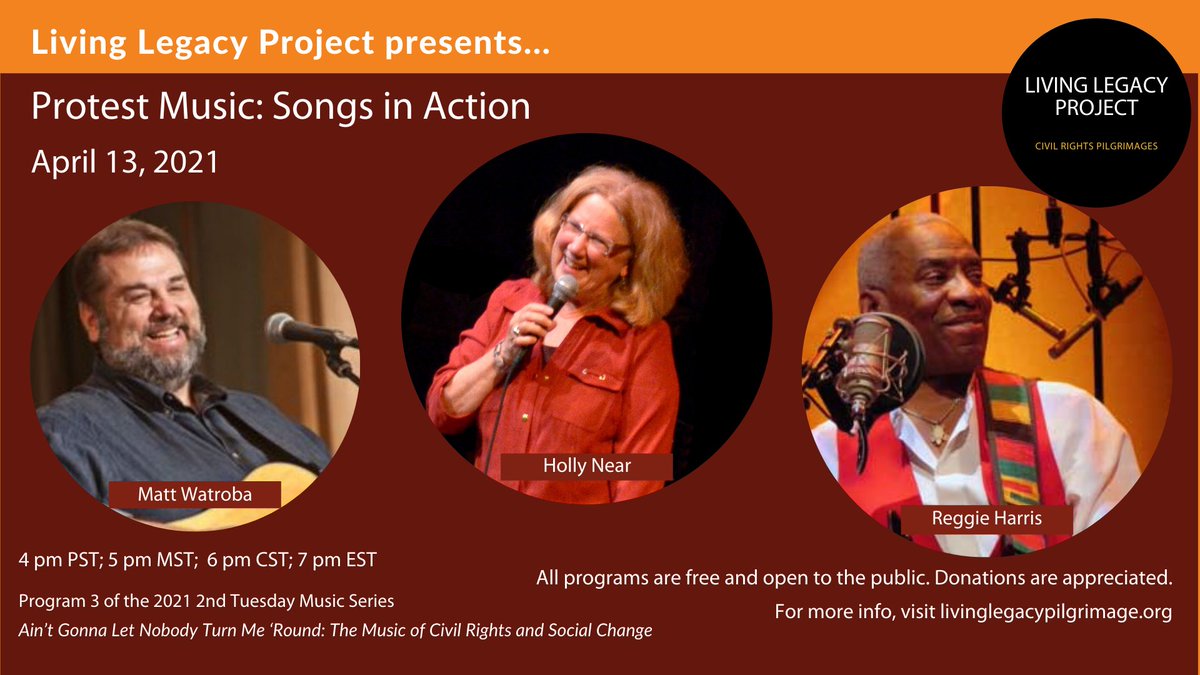 On April 13, 2021, join LLP’s co-President Reggie Harris as he welcomes singer/songwriter and activist, Holly Near and community singer/song leader and educator, Matt Watroba for Protest Music: Songs in Action. Free and open to all. 
uulivinglegacy.org/crmusic3.html