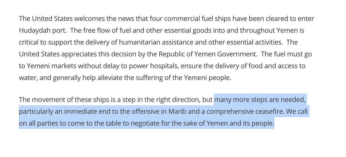 On March 24,  @StateDeptSpox Ned Price said free flow of fuel is critical—a general comment, a truism—*not* a criticism of the Saudi blockade. He pivoted quickly to Houthi offensives and a comprehensive ceasefire. (11/x)