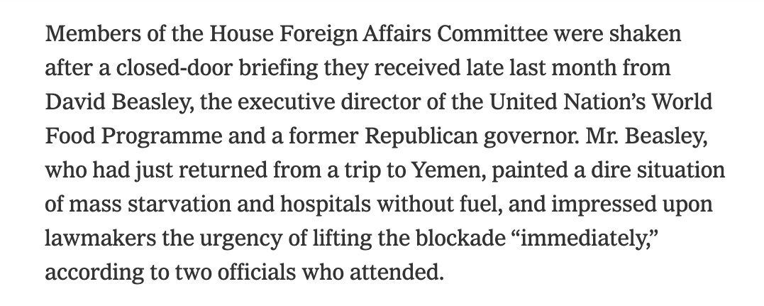 Former Republican S.C. governor,  @WFPChief David Beasley, has resorted to private appeals to House Foreign Affairs Dems to decouple the need to lift the blockade from ceasefire negotiations. Why would he do this if the White House already supported him?  https://www.nytimes.com/2021/04/06/us/politics/democrats-biden-saudi-arabia.html