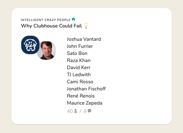Discussing why #Clubhouse could succeed or fail in our IntelligentCrazyPeople.com room - Come speak - Retweet - joinclubhouse.com/room/xVK2qrAQ