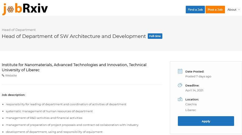jobRxiv's tweet image. Head of Department of SW Architecture and Development 

Institute for Nanomaterials, Advanced Technologies and Innovation, Technical University of Liberec, Czechia

jobrxiv.org/job/institute-…

#ScienceJobs #SWarchitectures #SWengineering #softwareDevelopment
