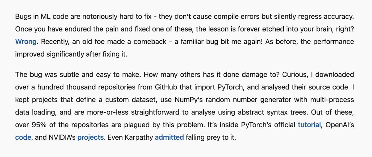 peteskomoroch's tweet image. Using PyTorch + NumPy? You're making a mistake.
A bug that plagues thousands of open-source ML projects: tanelp.github.io/posts/a-bug-th…