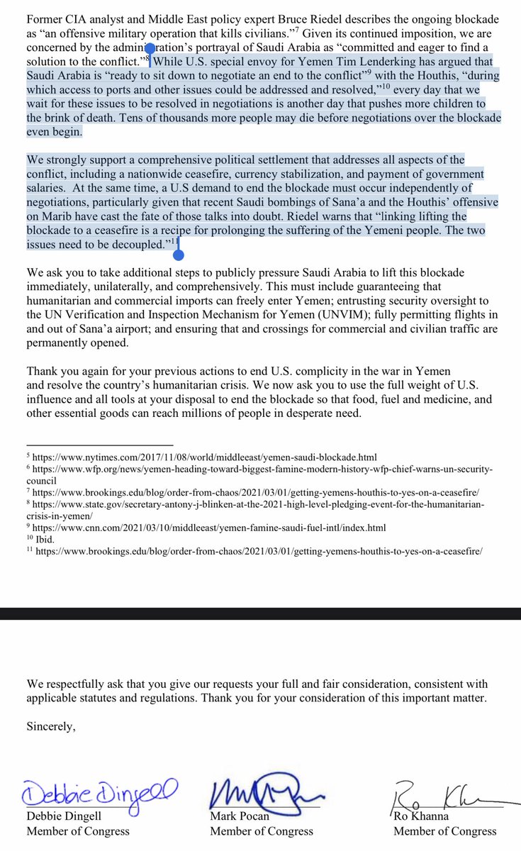 As a possible administration response is readied to the Dingell-Pocan-Khanna 75-member letter this week, lawmakers will be looking out for a commitment to remove the blockade as a Saudi bargaining chip in negotiations, a tactic that will kill tens of thousands more people. (23/x)