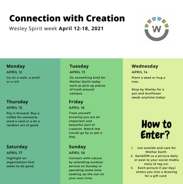 CMU_Wesley's tweet photo. This earth month we are highlighting ways to connect with our community and natural world.
•
Either post a pic on your own social media or dm a pic to us, which we will post on our story! Make sure to tag us in your social media to be entered into a raffle for a gift card! https://t.co/4loop0Q7Cx