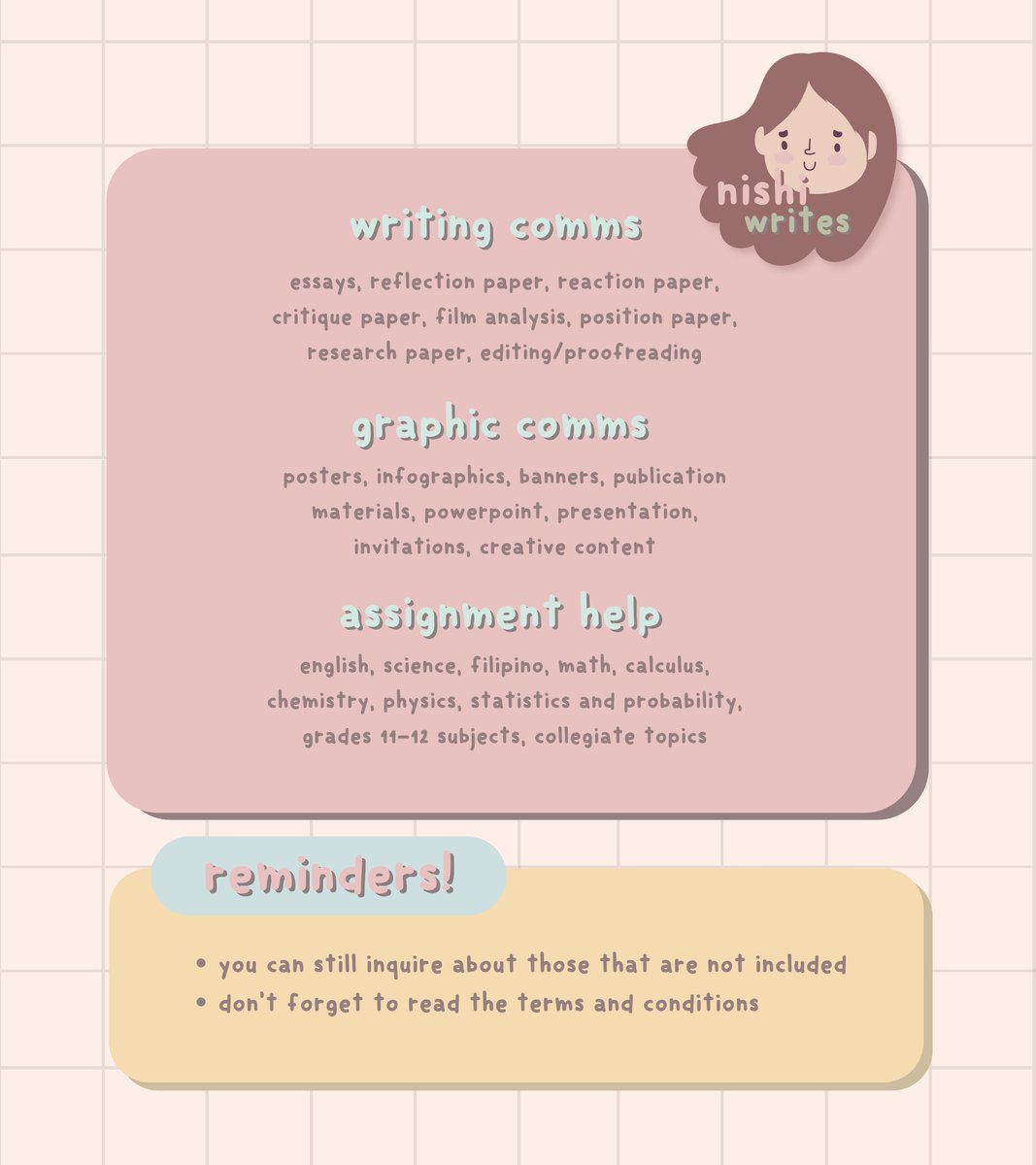 suffering from a heavy workload? worry no more ‘cause nishi writes is here to help! 

i offer various acad services including writing, graphic, research commissions, and module/assignment help.  

know more about me &amp; my stuff: bit.ly/nishiwrites 

dm me for inquiries! 🤍