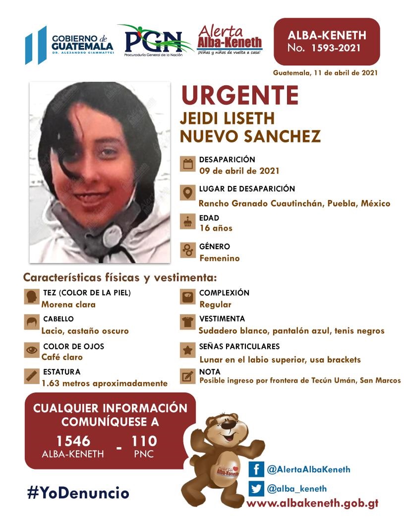 Alerta Alba-Keneth's tweet - "#AlertaAlbaKeneth ⚠️| Jeidi Liseth Nuevo Sanchez, de 16 años de edad. Desapareció el 9 de abril de 2021 en Rancho Granado Cuautinchan, Puebla, Mexico 🔃Comparte y ayúdanos con