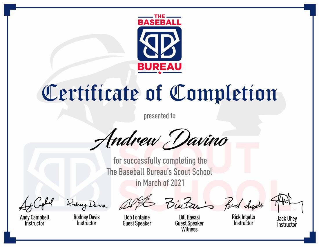 CoachDavino's tweet image. I am please to say that I have added The Baseball Scouting Bureau certification to my resume. This was a great experience and I gained a lot from it. If you looking to get into scouting or just looking to increase your knowledge as a coach, I highly recommend this course.