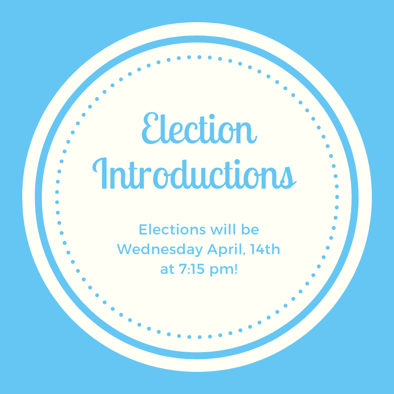 Elections will be held on Wednesday 4/14 at 7:15PM, zoom link will be posted on Wednesday. In the meantime, please check out our amazing slate of officers! We cannot wait for next semester when we are in person. Go to our Facebook Page to look at the Election Introductions!📚🍎