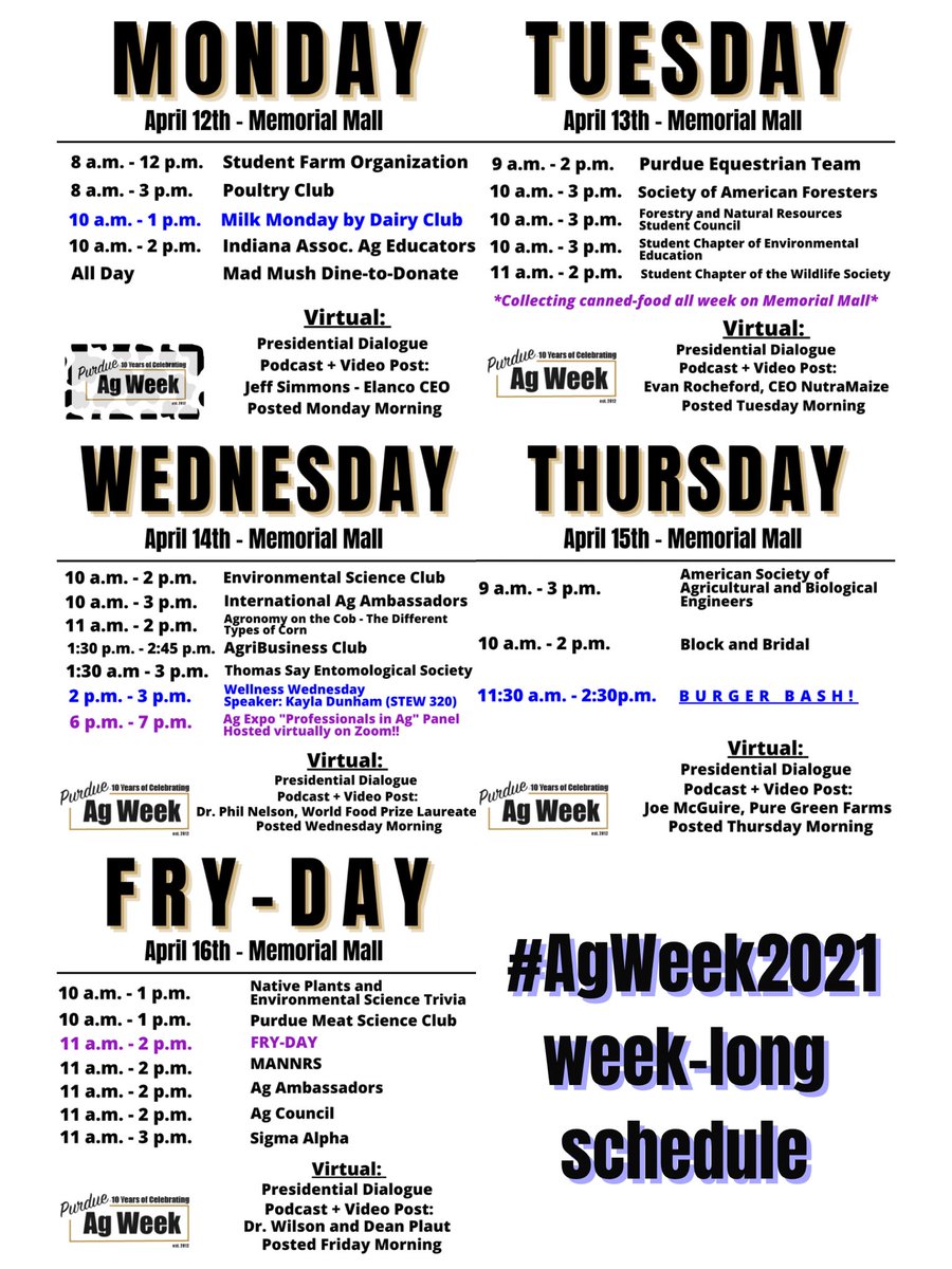 PurdueAgWeek's tweet photo. By popular demand, here is an at-a-glance of #AgWeek2021! We can’t wait to kick-off tomorrow. https://t.co/HERGYPag8i