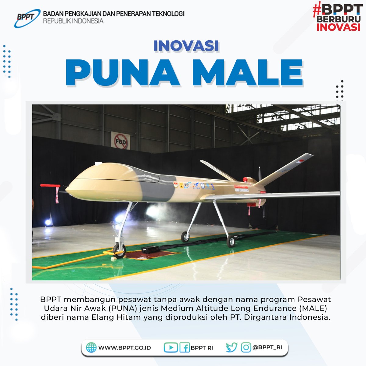 BPPT_RI's tweet photo. Assalamualaikum #SemangatSenin Teknopren! 
Simak yuk Techinovasi Drone PUNA MALE BPPT, sebuah Pesawat Udara Nir Awak, yang dikembangkan BPPT untuk kedaulatan #Indonesia

#INOVMONDAY https://t.co/pzn43u8k6H