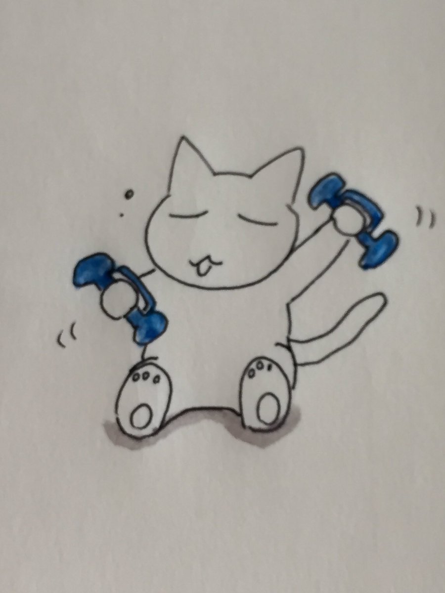 ねこのおくさん 眠いけど筋トレ 座りながらだけどダンベル 猫 イラスト 羊毛フェルト 筋トレ