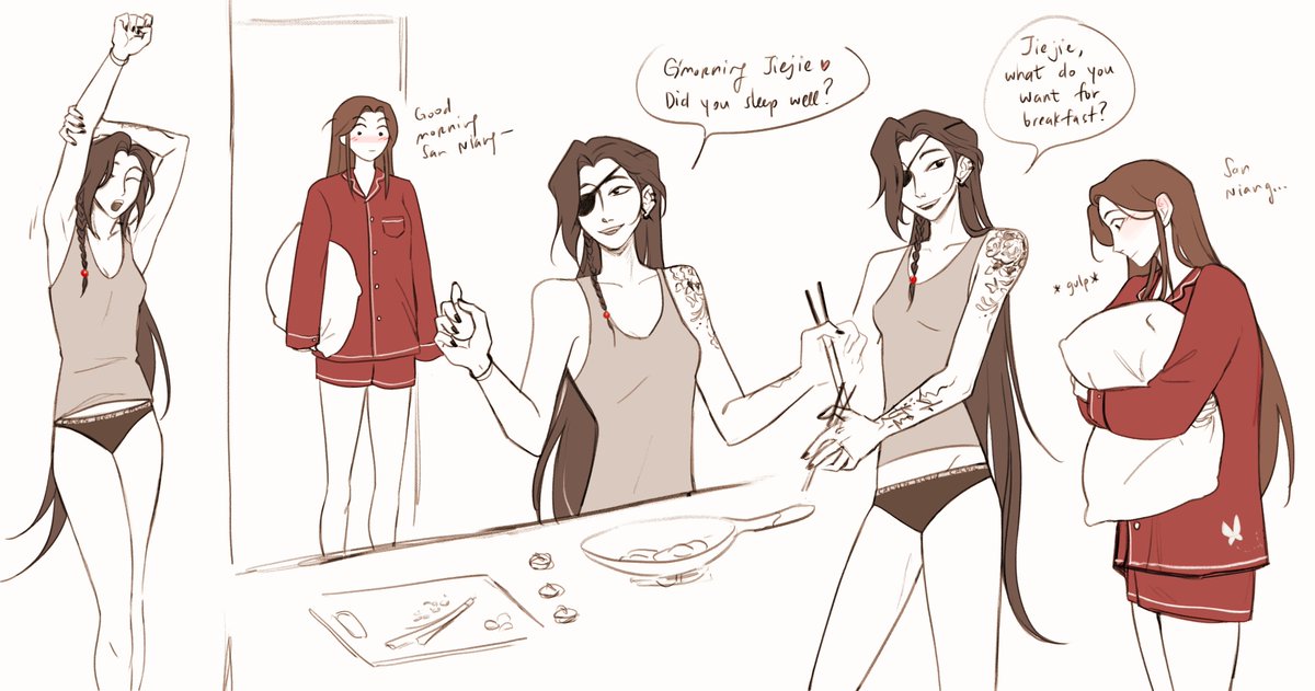 cw: genderbend w/ hualesbians 
it's a thong so hua cheng's asscheeks are just out 
#天官赐福 #hualian 