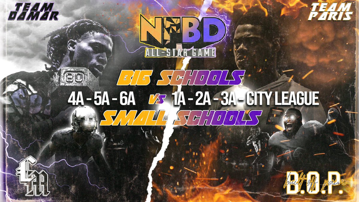 jordonr's tweet photo. The 2021 NFBD All Star Game will answer the question:

"Does size of a school matter?"

Damar Hamlin (@HamlinIsland ) will be coaching the Big School All Stars vs Paris Ford's (@DiddyBop12_ ) Small School All Stars.

More details and invites to the game coming soon ✍🏼. https://t.co/oqamKnyXdk