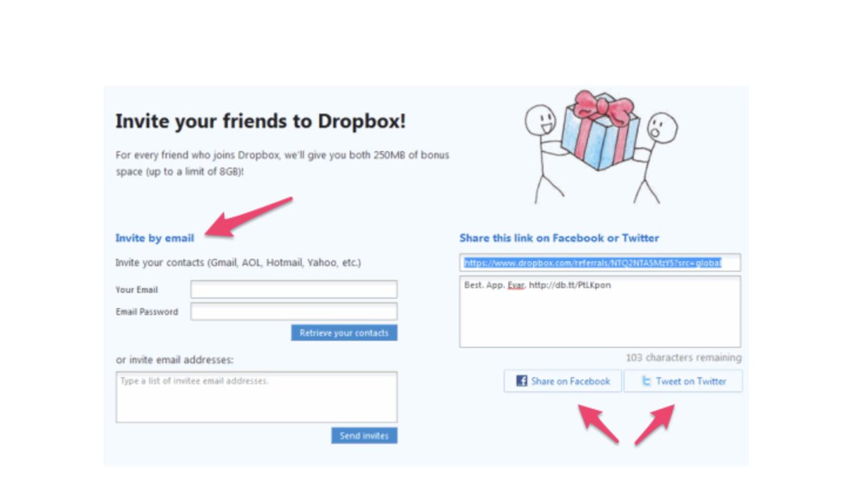 4. Remove Referral FrictionThe more friction a process demands, the fewer amount of people will partake.To make sure this didn’t happen, Dropbox removed all the friction and confusion of referring a friend.You just had to click a few buttons.