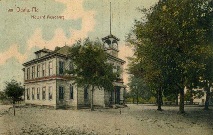 Howard Academy was a school established for Black children by the Freedmen's Bureau in 1866-67. By 1880, it was run by all Black teachers. It was destroyed by a fire in 1887 and was rebuilt one year later. It became a high school in 1921. This depiction is from 1915--post-fire.