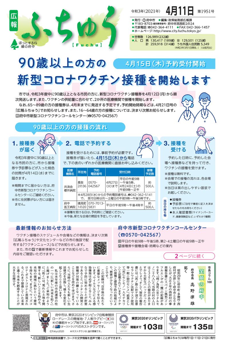 市 コロナ 府中 東京 府中市の新型コロナワクチン接種・・６５歳以上の方の受け付けを４月２８日（水）から開始します