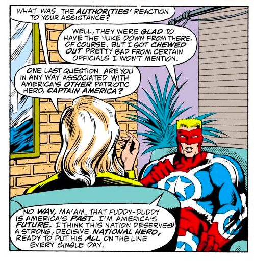 John Walker's path to becoming Captain America, from Captain America #333, written by Mark Gruenwald and Tom Morgan. I think this was Gruenwald giving readers the "Captain America for the Reagan era" that they thought they wanted.