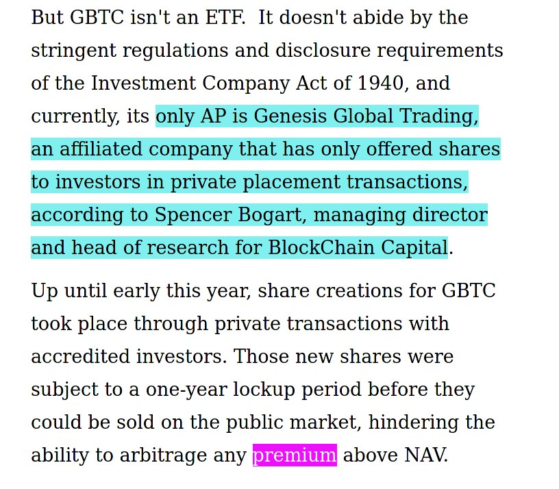 5/ This is a big part of the reason for why there's been a premium on  @Grayscale's Bitcoin Trust as there's no real arbitrage (i.e., redemption for Bitcoin to sell off). In laymen's terms, there was no other Bitcoin Trust one could trade those shares for / with / against)