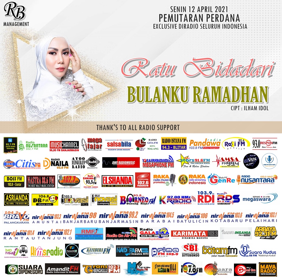 NailaRadio's tweet photo. PEMUTARAN PERDANA 
Serentak di radio2 Se-indonesia
Senin, 12 April 2021

“  RATU BIDADARI - BULANKU RAMADHAN "
Cipt : Ilham Idol
Genre : Pop Religi
Label : RB Management

Instagram  : @ratubidadarinew
Facebook  : Ratu Bidadari
Twitter   : @DennyPromotion
DennyPro AZ Zayyadi https://t.co/eAG4H56piy