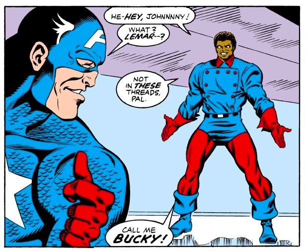 His partner, Lemar Hoskins, who was just as skilled--and taller--than Cap, got Bucky's hand-me-down costume. The work environment wasn't the greatest. (Mark Gruenwald was unaware that "Buck" was a racially-charged insult until Dwayne McDuffie brought it to his attention.)