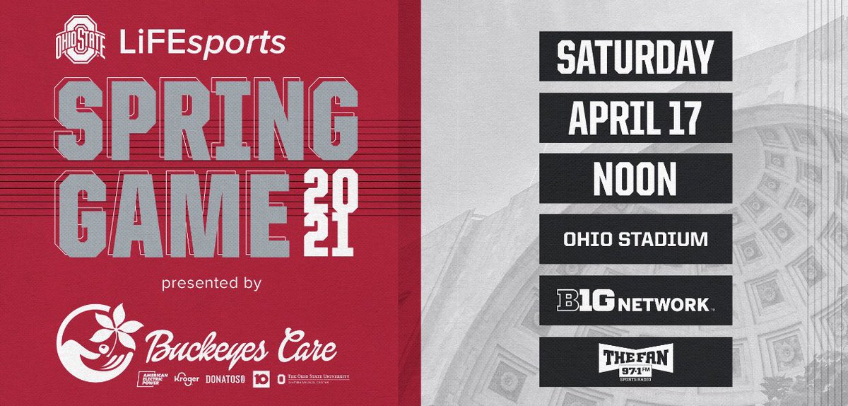 OhioStAthletics's tweet photo. 🎟 REMINDER: limited number of tickets on sale 11 a.m. tomorrow for the 2021 @OhioStateFB LiFESports Spring Game presented by #BuckeyesCare 

ℹ️ https://t.co/h2GGqL8lSo https://t.co/BSXF7vgSNX