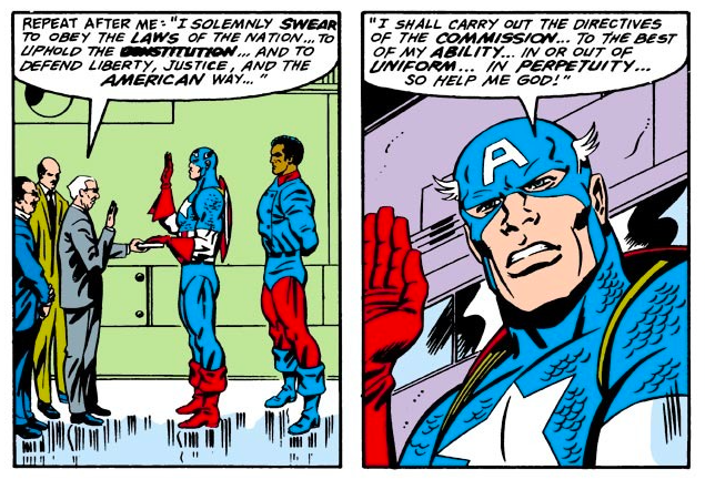 This from Captain America #335, when Walker--just sworn in as the new Cap--is tapped to infiltrate a watchdog group called...The Watchdogs. Extremist militia group claiming to be looking out for public decency and morality.
