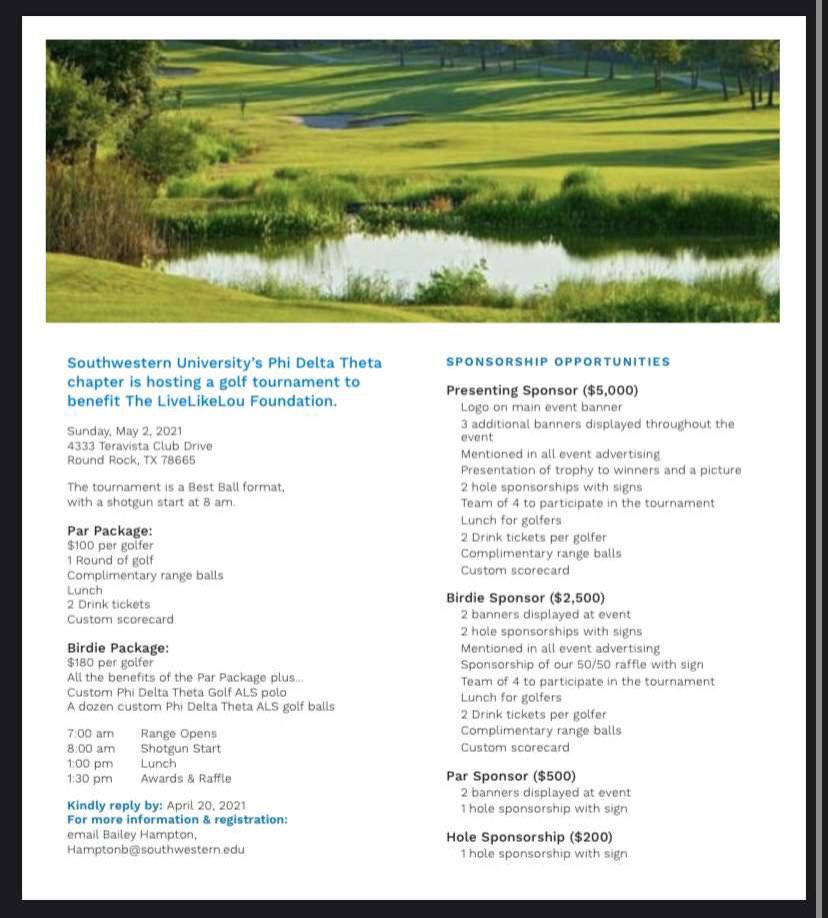 Get ready for our 1st Annual Phi Delta Theta Golf Tournament! Check the pictures for the details and use the link in our bio to sign up! Also, go give our Instagram a bio <a href="/southwesternpdt/">Phi Delta Theta TX Γ</a> !