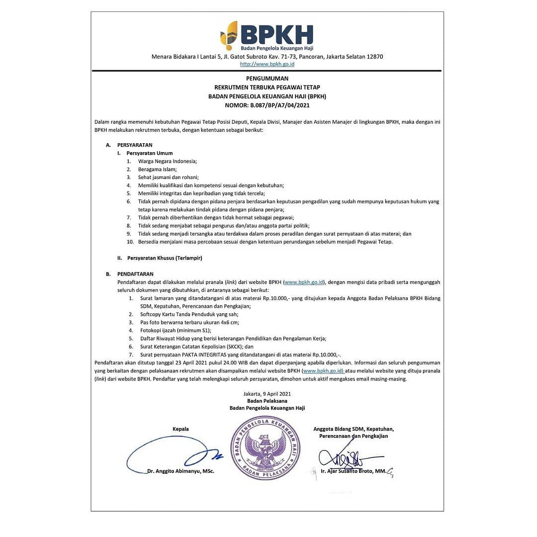#loker untuk sobat Disnaker kembali! 😁

Badan Pengelola Keuangan Haji membuka Lowongan Pekerjaan untuk mengisi berbagai posisi, deadline 23 April 2021

Info pendaftaran lebih lanjut pada situs web karir.bpkh.go.id dan akun  <a href="/BPKHRI/">BPKH RI</a>

Daftarkan diri sobat Disnaker segera !