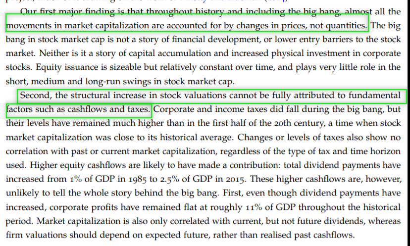 11/ Some of their main findings are that a. Increased of the market cap over time comes mainly from price, not from quantitiesb. Fundamental factors cannot fully explain valuationsc. High valuation tend to be correlated with lower future returns but higher CF