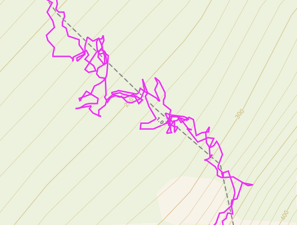 In this and the previous tweet you can see a track that's all over the place - upwards of 30 m displacement between the trip up and the trip down. The first thing affecting the track is obvious if you can read the contours: we're north facing.