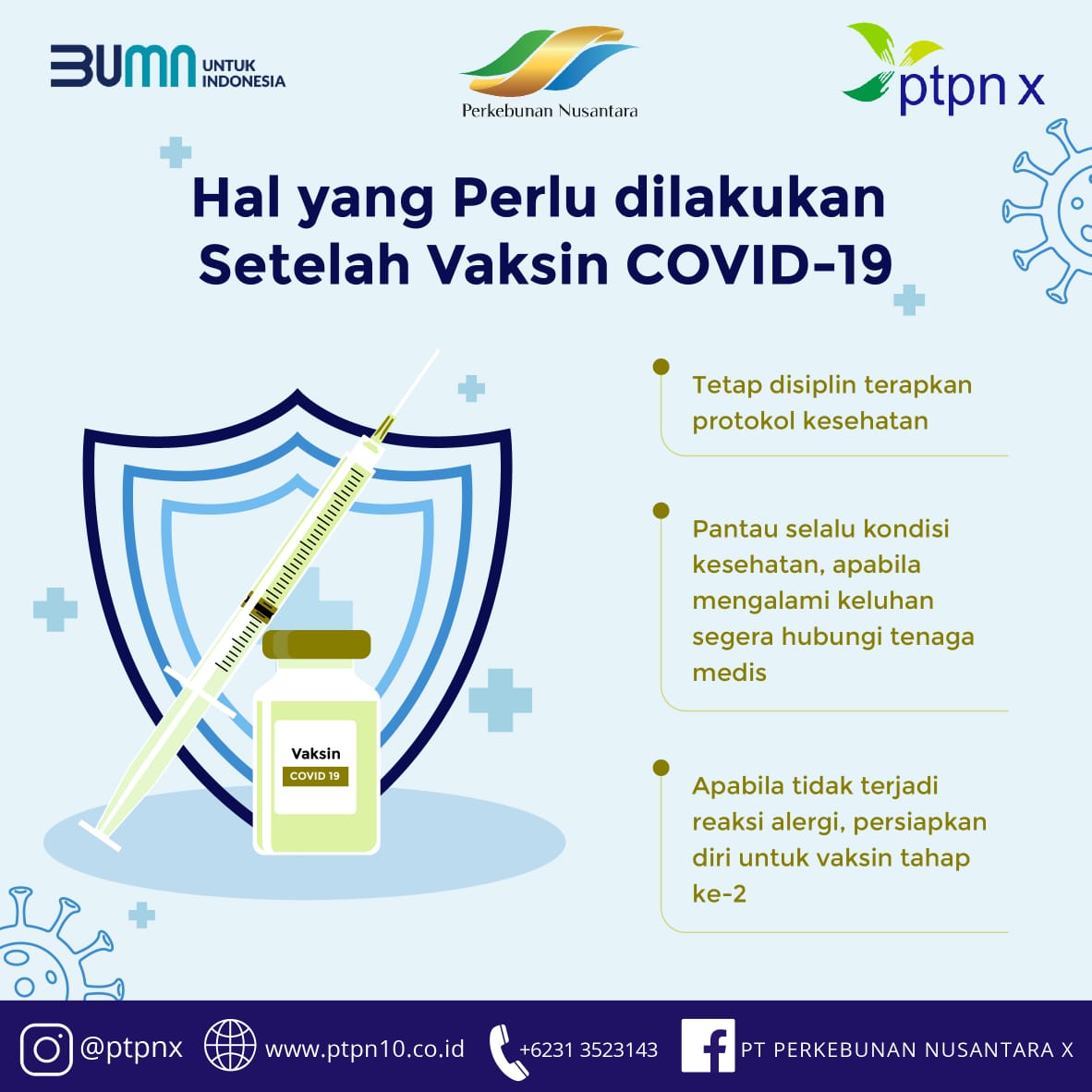puslittembakau's tweet photo. Hai #SobatPerkebunan, sudahkah kalian divaksin?
Ada hal penting yang harus di ingat setelah vaksin ya guys...
cek this out....!!
#BUMNUntukIndonesia
#AKHLAKBUMN
#10bisa
#sepuluhbisa
#vaksinasi
#vaksin
#prokes
#ptpnx https://t.co/YcB7wgTGAn